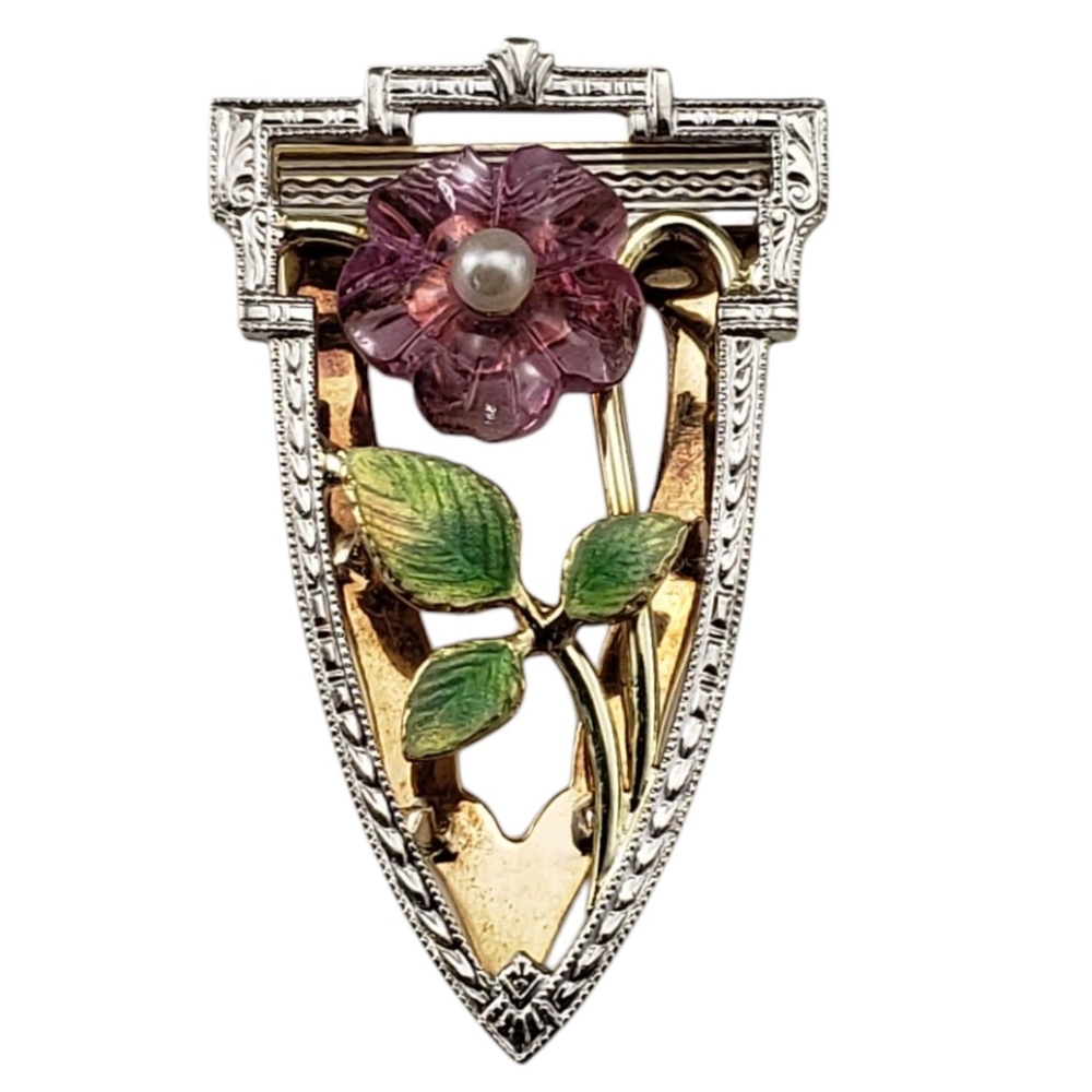 14 Karat Yellow and White Gold and Enamel Floral Clip  #21351